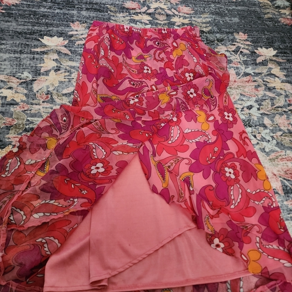 Copper Key Pink Floral Paisley Faux Wrap Maxi Skirt - Picture 9 of 12